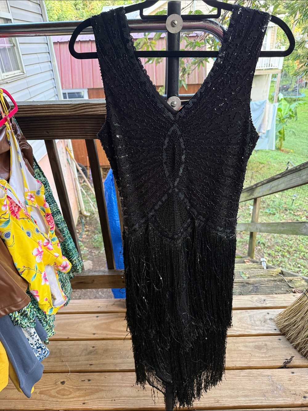 New Women’s Flapper Small Black Beaded sequined Fringe V-Neck Evening Dress